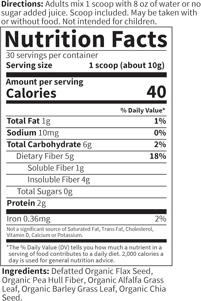 Garden of Life Organic Unflavored Fiber Powder Detox Blend with Chia, Alfalfa & Barley for Herbal Cleanse, Gut Health Support - Detoxifiber - Non-GMO, Gluten-Free, Psyllium Free, Vegan, 30 servings