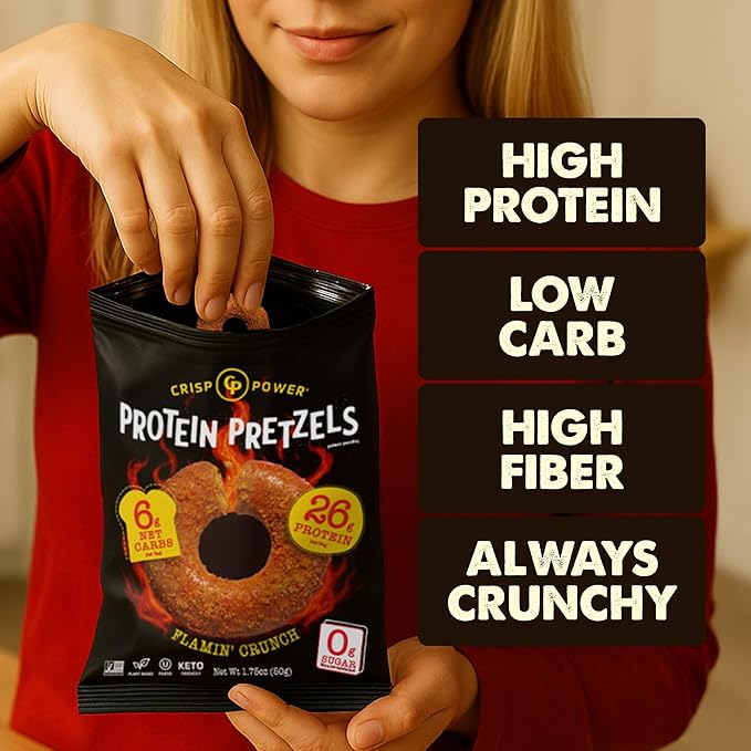CRISP POWER Protein Pretzels, NEW Flamin' Crunch, 26G Protein, High Protein Snack, High Fiber, Low Carb Crunchy Pretzel Snacks, No Added Sugar, 1.75 oz Bags, 24 Pack, Vegan, Keto