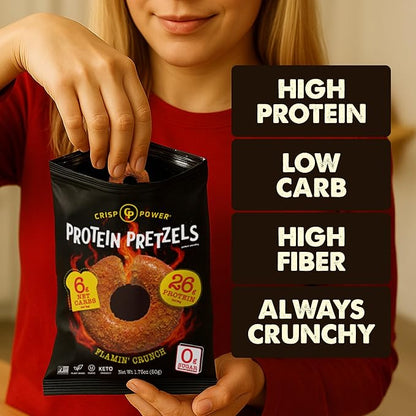 CRISP POWER Protein Pretzels, NEW Flamin' Crunch, 26G Protein, High Protein Snack, High Fiber, Low Carb Crunchy Pretzel Snacks, No Added Sugar, 1.75 oz Bags, 24 Pack, Vegan, Keto