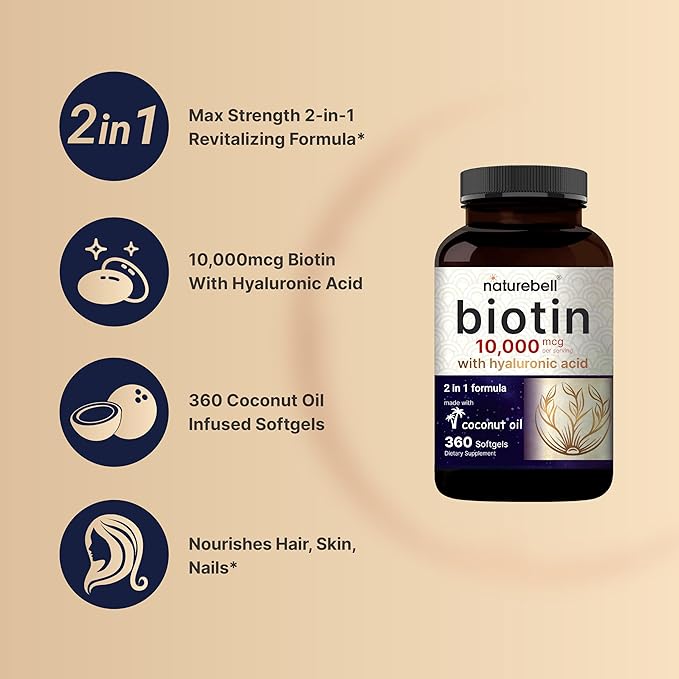 NatureBell Biotin 10000mcg + Hyaluronic Acid 25mg | 360 Coconut Oil Softgels, Premium Biotin Supplement for Hair Skin and Nails*