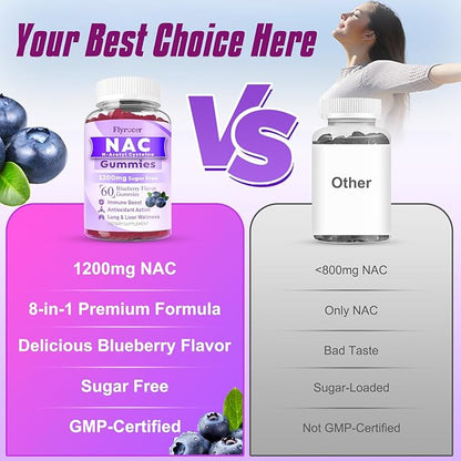 2 Pack NAC Gummies, N Acetyl Cysteine Supplement for Adults and Kids, NAC Chewable Support Liver Health, Antioxidants & Immune System, Sugar-Free, Blueberry Flavor, 120 Count