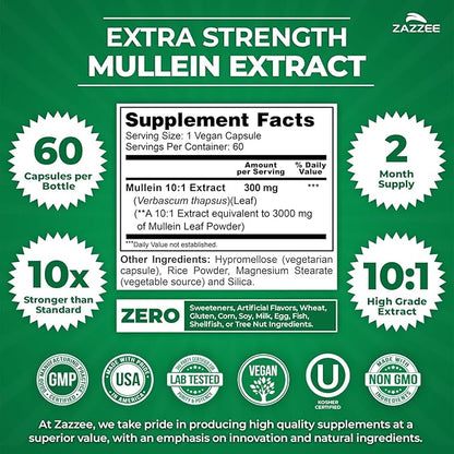 Zazzee Extra Strength Mullein Leaf 10:1 Extract, 60 Vegan Capsules, 2 Month Supply, Verbascum Thapsus, Respiratory & Lung Support, Certified Kosher, 100% Pure Leaf Powder, Non-GMO, Made in the USA