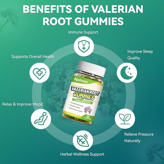 Valerian Root Gummies 2000mg, Valerian Root Extract for Relaxation & Mood Support, Herbal Supplement for Kids & Adults, Vegan, Apple Flavor, 60 Count
