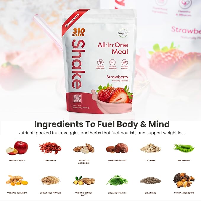 310 Nutrition All-In-One Meal Replacement Shake Powder - Plant-Based Protein Smoothie Blend w/High Fiber, Probiotics & Adaptogens - Low Carb, Vegan, Keto & Paleo Friendly - Strawberry - 28 Srv