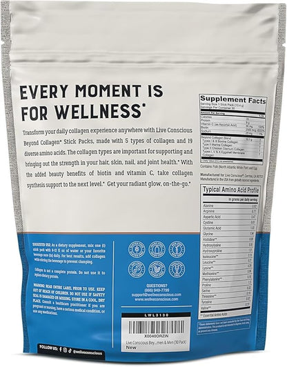 Live Conscious Beyond Collagen Peptides Powder Unflavored Packets-Hydrolyzed Collagen Powder-Hair Skin Nail & Joint Support- I II III V & X Grass-Fed Collagen Supplements for Women & Men 30 Pack (2pk)