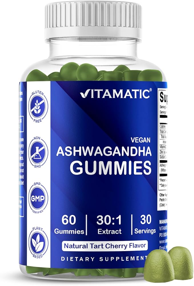 Vitamatic Ashwagandha 30:1 Extract 50 mg per Serving – Concentrated Ashwagandha Root Extract with Withanolides – Vegan Herbal Supplement – Non-GMO, Gluten Free – 60 Gummies