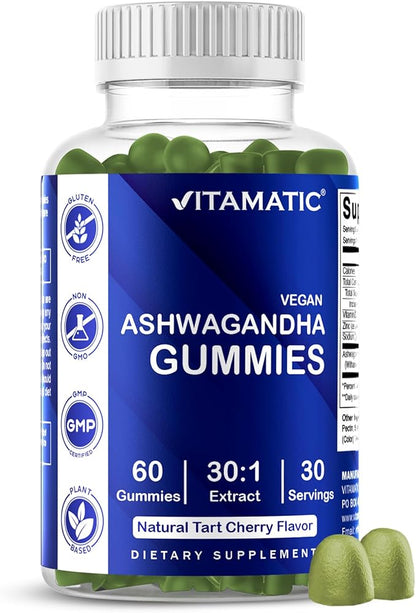 Vitamatic Ashwagandha 30:1 Extract 50 mg per Serving – Concentrated Ashwagandha Root Extract with Withanolides – Vegan Herbal Supplement – Non-GMO, Gluten Free – 60 Gummies