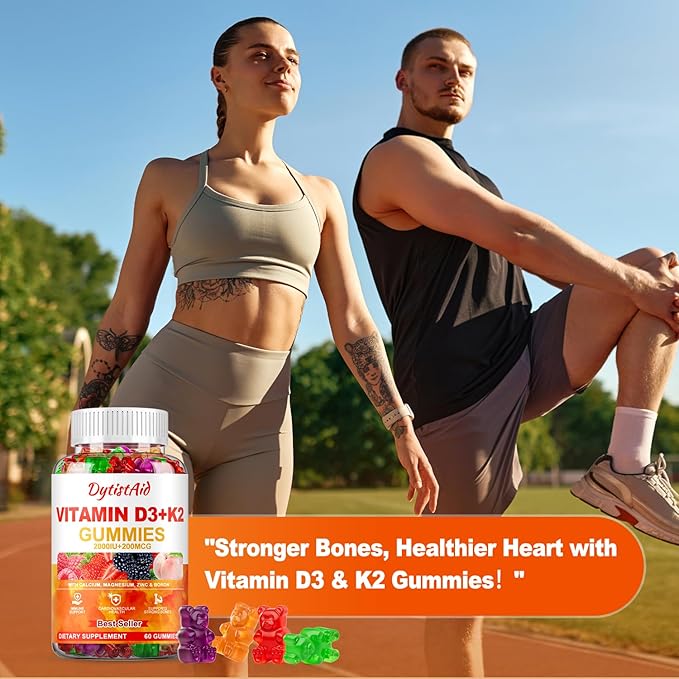 Vitamin D3 + K2 Gummies 2000 IU with Calcium + K2 (MK-7), Magnesium Citrate, Vitamin C, Zinc & Boron – Bone, Heart & Immune Support – Vegan, Non-GMO, Gelatin-Free, Sugar-Free Supplement, 60 Gummies
