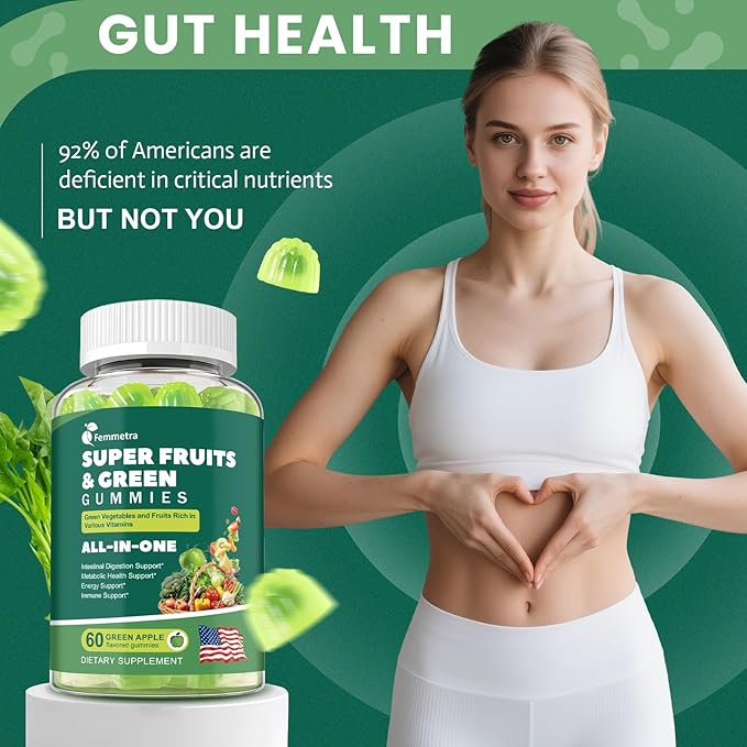 61-in-1 Supergreens Daily Gummies for Women and Men, Multivitamin Superfood Gummy with Probiotics for Metabolic, Energy, and Digestive Health, Sugar Free, Green Apple Flavor, 60 Count