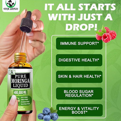 Organic Moringa Liquid Drops for Energy,Metabolism Immune Support,Moringa Leaf Extract 6X Absorption Than Powder Capsule Gummies,Green Superfood Supplement for Women Men