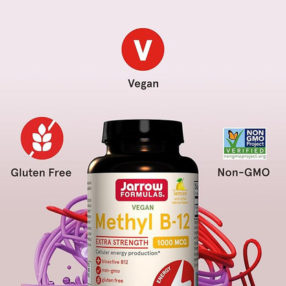 Jarrow Formulas Extra Strength Methyl B-12, Dietary Supplement for Cellular Energy Production, 100 Lemon-Flavored Chewable Tablets, Up to a 100 Day Supply, Pack of 12