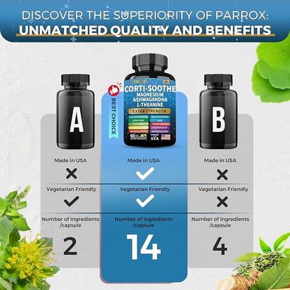 Corti-Soothe Cortisol Supplement for Women and Men with Magnesium Glycinate 200mg, L-Theanine 150mg, Phosphatidylserine 50mg & Manager Holy Basil Ginkgo Biloba Bacopa Monnieri Valerian 60 Capsules