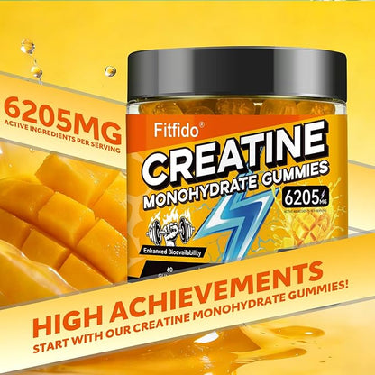 Creatine Monohydrate Gummies for Men & Women - 6205mg per Serving, Containing L-carnitine & Taurine, Post Workout Muscle Recovery, Strength & Energy Boost, Sugar Free & Vegan (60, Mango)