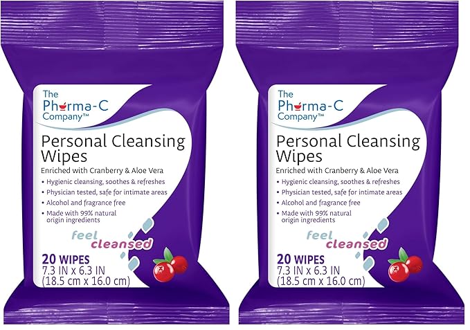 The Pharma-C Company Personal Cleansing Wipes [20 wipes] - Enriched with Cranberry & Aloe Vera. Feminine Intimate Hygiene Wipe. 99% Natural Origin. (Pack of 2)