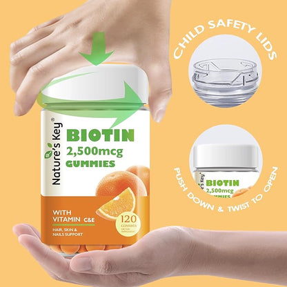 Nature's Key Biotin Gummies with Vitamin C and E, Support Hair Nails Growth & Beautiful Skin for Women Men and Kids, Vegan, Orange Flavors, 120 Count
