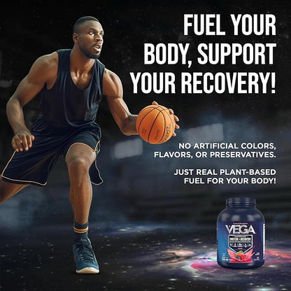 Vega Sport Vegan Protein Powder + Recovery - 30g Plant Based Protein per Serving, Berry, 45 Servings, 5g BCAAs, Probiotics, NSF Certified, for Shakes & Smoothies, 4.2lbs (Packaging May Vary)