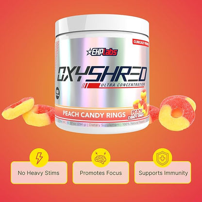 EHP Labs OxyShred Pre Workout Powder - Preworkout Powder with L Glutamine & Acetyl L Carnitine, Energy Boost Drink - Peach Candy Rings, 60 Servings