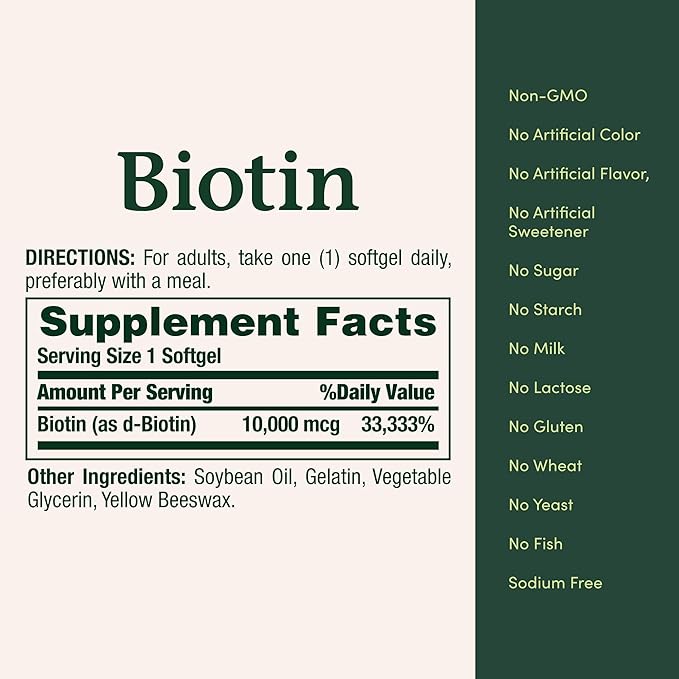 Nature's Bounty Biotin Hair Skin and Nails Vitamins, Supports Healthy Hair, Skin and Nails, 10,000 mcg, 120 Softgels (Pack of 1)