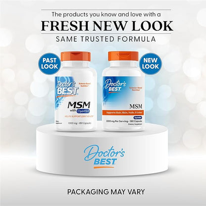 Doctor's Best MSM Supplement Capsules for Men & Women - Supports Hair, Skin, Nails, Joint Health & Mobility, 3000 mg Per Serving, Delivers Beneficial Sulfur w/OptiMSM, Gluten Free, Non GMO - 180 Caps