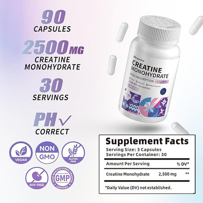 Allcoovita Creatine Monohydrate Capsules -3 Creatine Capsules per Serving, 2500mg, Gluten Free, 90 Capsules