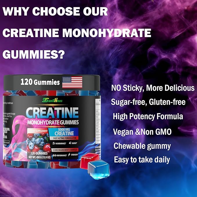 Creatine Monohydrate Gummies 5g (5000mg), Sugar-Free Creatine, Pre-Workout Energy, Veg, Non-GMO, for Men & Women - 120 Count Cherry Flavor with Blueberry Flavor
