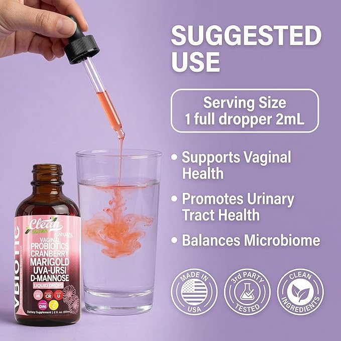 Clean Nutraceuticals VBiotic Vaginal Probiotic for Women Liquid Drops | Cranberry Uva Ursi Horsetail D-Mannose Prebiotics Marigold & Black Cohosh Vaginal Health Supplement | pH Balance