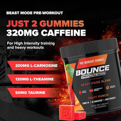 Bounce Pro Beast Mode Pre Workout Gummies with Caffeine, Beta-Alanine & L-Tyrosine for Energy, Focus & Training Intensity (30 Count (Pack of 1), Fruit Punch)