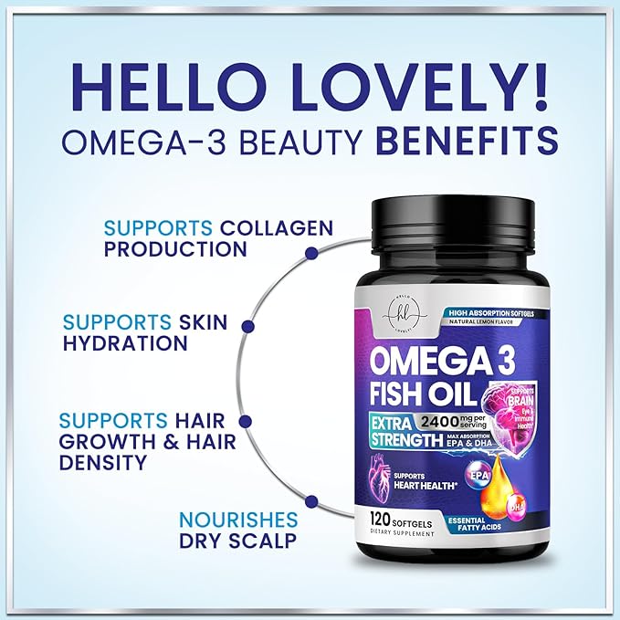 Omega 3 Fish Oil Supplements - 2400mg Fish Oil Per Serving - Triple Strength Omega-3 with EPA & DHA Fatty Acids - Natural Heart, Brain & Immune Support - Wild Caught, Bottled in USA - 120 Softgels