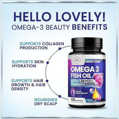 Omega 3 Fish Oil Supplements - 2400mg Fish Oil Per Serving - Triple Strength Omega-3 with EPA & DHA Fatty Acids - Natural Heart, Brain & Immune Support - Wild Caught, Bottled in USA - 120 Softgels