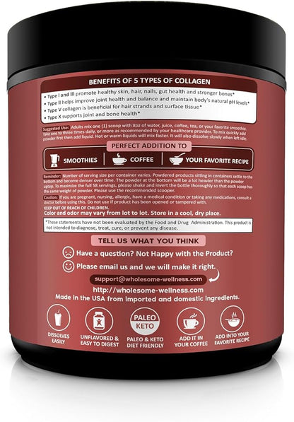 Wholesome Wellness Premium Multi Collagen Peptides Protein Powder for Women and Men, 5 Types of Hydrolyzed Collagen, Grass-Fed, Non-GMO & Unflavored, Pure Protein for Youthful Skin & Joint Recovery