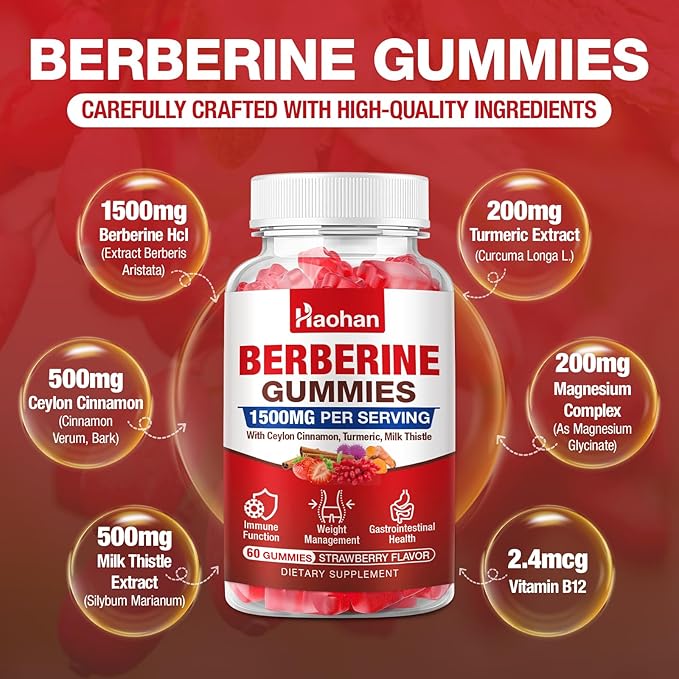 Haohan Berberine Gummies, 1500mg High Potency Berberine HCl, Ceylon Cinnamon, Milk Thistle, Immune System & Metabolism Support, Vegan, Strawberry Flavor, 60 Count