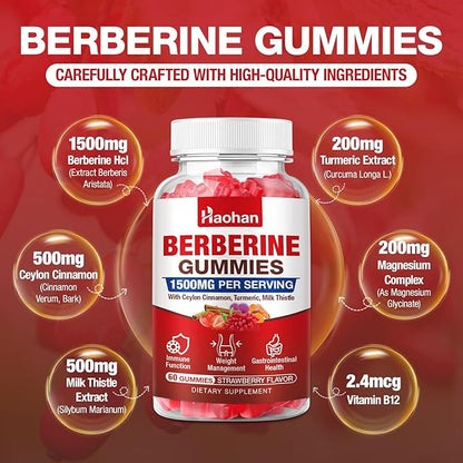 Haohan Berberine Gummies, 1500mg High Potency Berberine HCl, Ceylon Cinnamon, Milk Thistle, Immune System & Metabolism Support, Vegan, Strawberry Flavor, 120 Count
