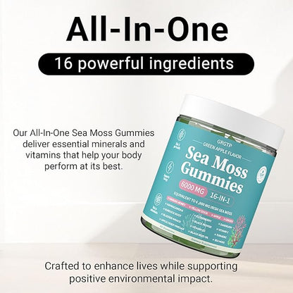 Sea Moss Gummies 16-in-1 - Ashwagandha Black Seed Oil Bladder Wrack Turmeric Vitamin C & D3 with Manuka Burdock Root Dandelion Yellow Dock Natural Detox & Liver Health Immune Support, Energy Boost