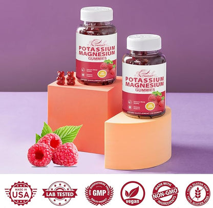 Potassium Magnesium Gummies Potassium Citrate 99mg Magnesium Citrate 250mg Magnesium Potassium Complex Supplement, Immune Support, 60 Raspberry Gummies 2 Pack