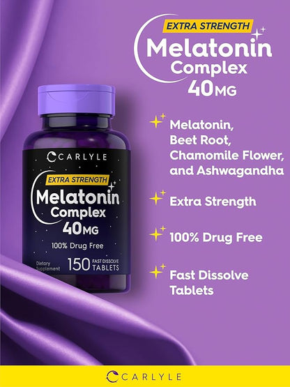 Carlyle Melatonin 40mg Complex | 150 Fast Dissolve Tablets | Extra Strength Support | with Ashwagandha and Chamomile | Vegetarian, Non-GMO, Gluten Free Supplement