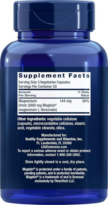 Life Extension Neuro-Mag Magnesium L-Threonate, 150 Vegetarian Capsules, Magtein Supplement for Women and Men