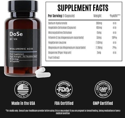 DoSe by VH Hyaluronic Acid Capsules 300mg – Hyaluronic Acid Supplement with Vitamin C – Supports Skin Hydration, Joint Comfort & Eye Moisture – Vegan Supplement (30 Capsules)