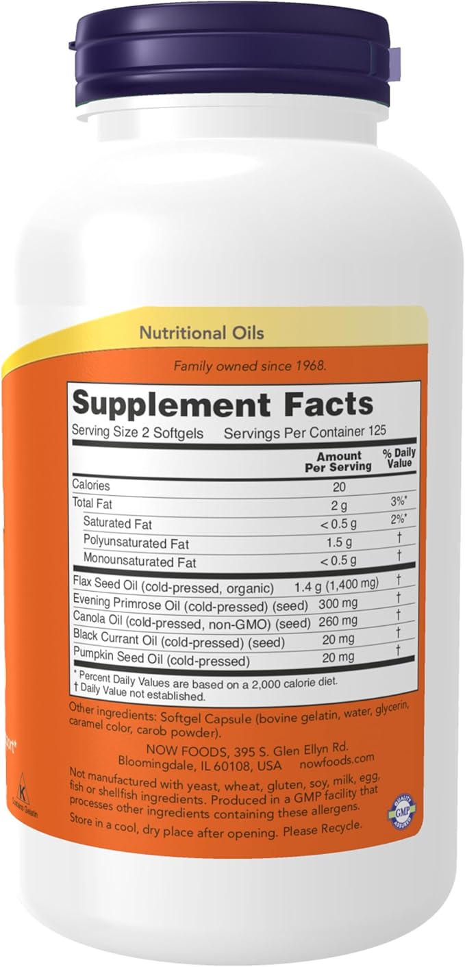 NOW Foods Supplements, Omega 3-6-9 1000 mg with a Blend of Flax Seed, Evening Primrose, Canola, Black Currant and Pumpkin Seed Oils, 250 Softgels, (Pack of 2)