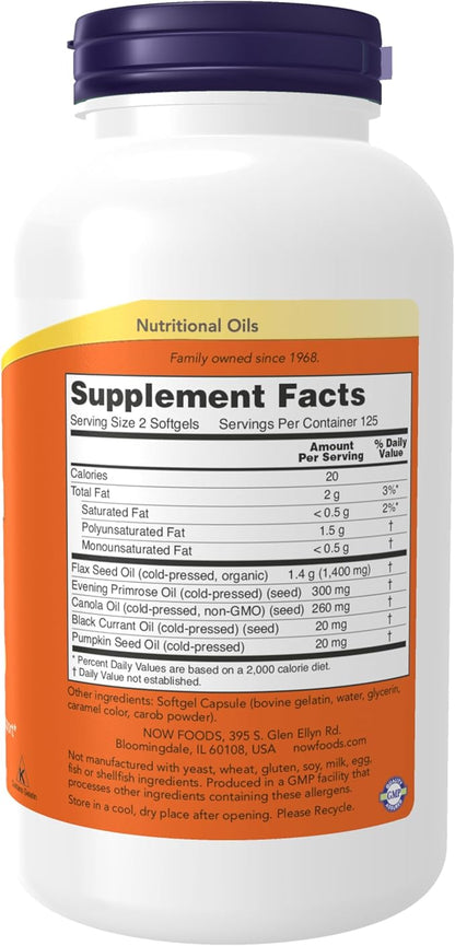 NOW Foods Supplements, Omega 3-6-9 1000 mg with a Blend of Flax Seed, Evening Primrose, Canola, Black Currant and Pumpkin Seed Oils, 250 Softgels, (Pack of 2)