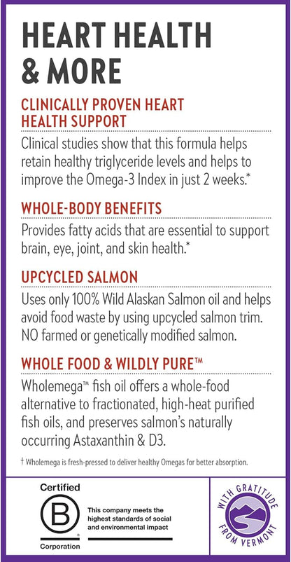New Chapter Wholemega Fish Oil Supplement - 2000mg per Serving, Clinically Proven Wild Alaskan Salmon Oil with Omega-3 + Vitamin D3 + Astaxanthin, 180 Softgels