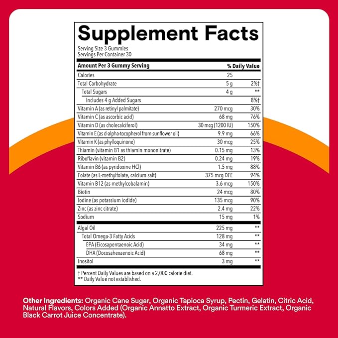 SmartyPants Multivitamin for Men & Women, Multivitamin Gummies with Omega 3 (DHA/EPA), Vitamin D3, C, Vitamin B12, B6, A, K & Zinc, Biotin, Gluten Free, 90 Count (30 Day Supply)