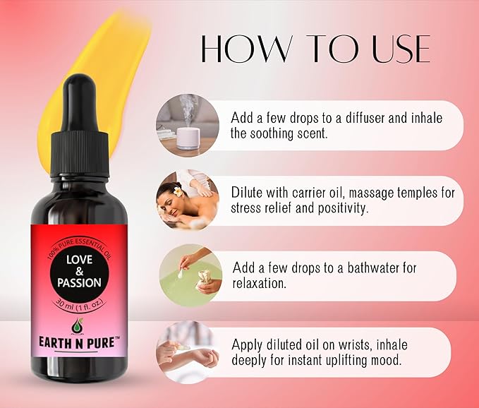 Earth N Pure Essential Oil Blend for Love & Passion | 15 ml | 100% Pure Therapeutic Grade Blend | for Romance, Positivity, Relaxation, Diffuser, Bath & Massage