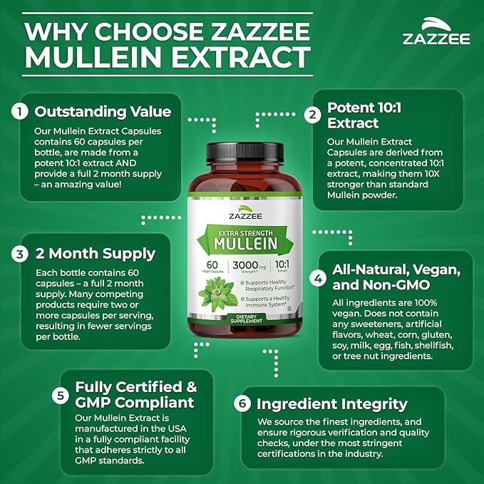 Zazzee Extra Strength Mullein Leaf 10:1 Extract, 60 Vegan Capsules, 2 Month Supply, Verbascum Thapsus, Respiratory & Lung Support, Certified Kosher, 100% Pure Leaf Powder, Non-GMO, Made in the USA