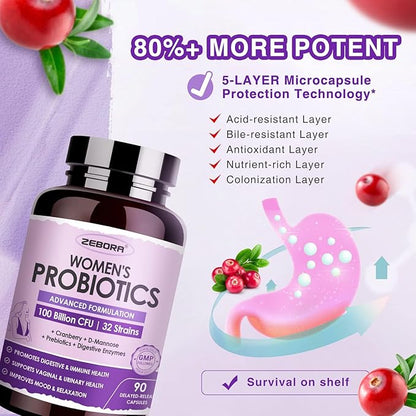 ZEBORA Probiotics for Women Digestive Health with Enzymes & Prebiotics 100 Billion CFUs| Vaginal Probiotics with D Mannose & Cranberry | Urinary Tract Health | Immune Support, 90 Capsules