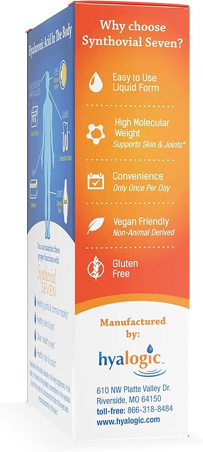 Hyalogic Synthovial Seven Liquid Hyaluronic Acid – Vegan Oral Joint & Skin Supplement, High Molecular Weight, Pure Hydration Support Supplements, 1 oz