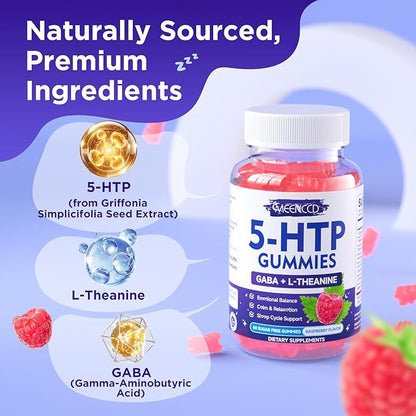 2 Pack 5-HTP Gummies 300mg, 5-HTP Supplement with 200mg L-Theanine & 50mg GABA, GABA Supplements for Adults, Sugar Free, Raspberry Flavor, 120 Count