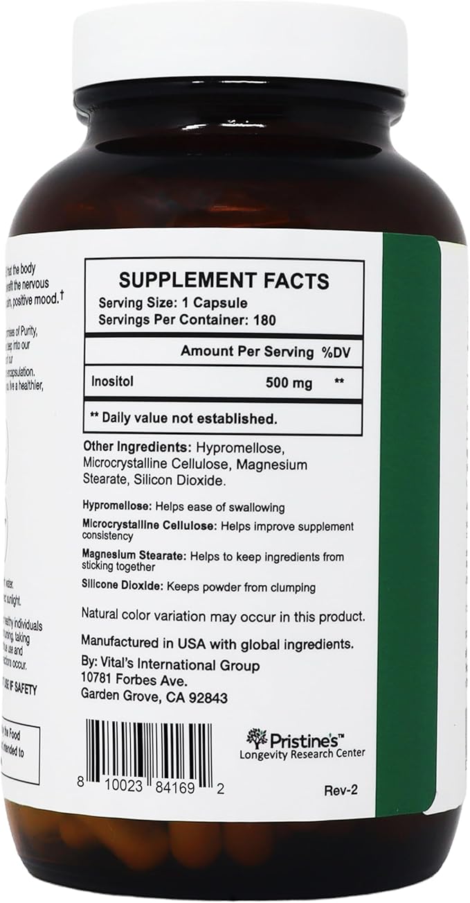 PRISTINE'S Myo Inositol PCOS Supplement Capsules - 500mg 180 Day Supply - Vegan, Gluten Free, Non GMO
