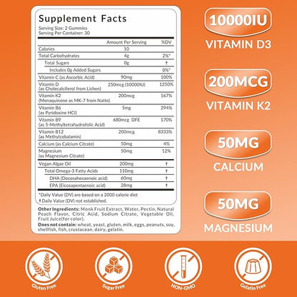 Vitamin D3 K2 Gummies, Sugar Free Vitamin D3 K2 w/Calcium, Magnesium, Omega-3, Vitamin C,B12, K2 D3 Supplement