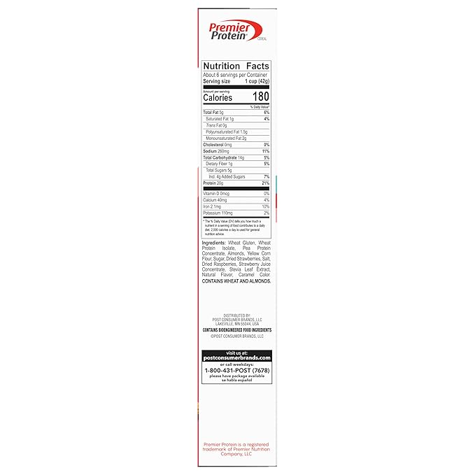 Premier Protein Mixed Berry Almond Cereal, Protein Cereal Flakes Mixed with Dried Berries and Sliced Almonds, Contains 20g of Protein Per Serving, 9 OZ Box