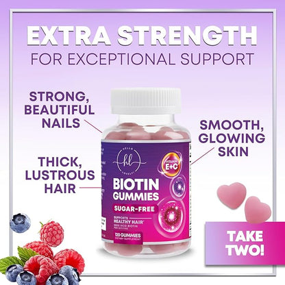 Hair Vitamins Gummies with Biotin 5000 mcg per Serving - Hair Growth Support with Vitamins E & C for Thicker, Stronger & Beautiful Hair - Hair Skin and Nails Vitamin, Gluten Free - 120 Gummies